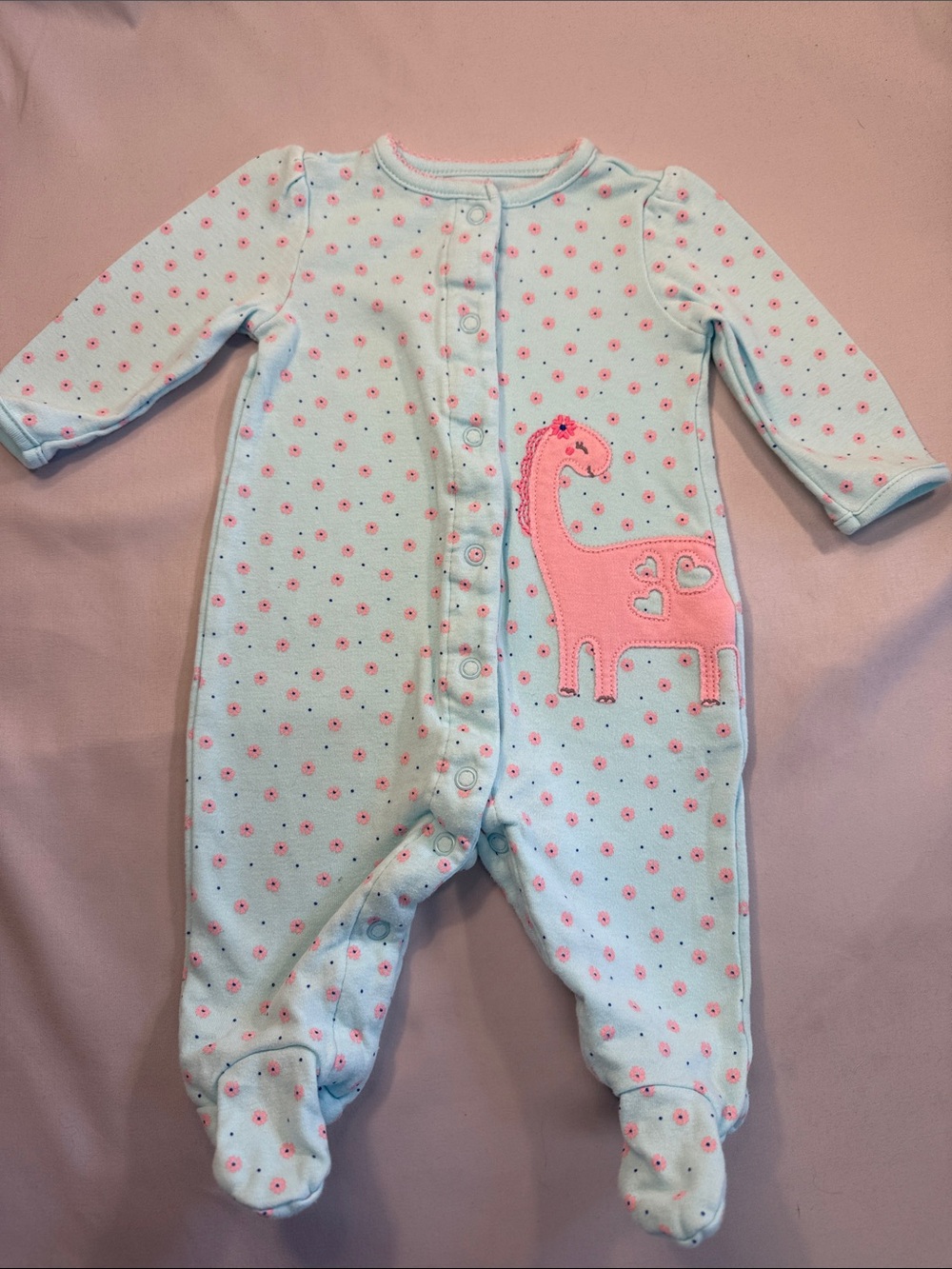 Carter's Light Blue Footed One-Piece with Pink Dino Applique